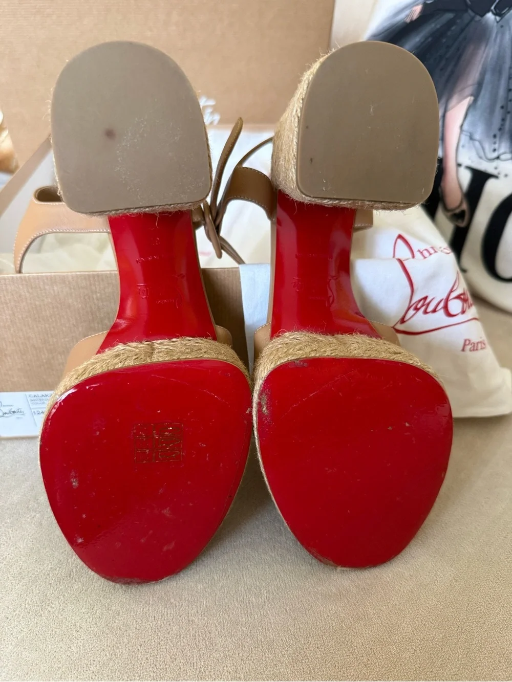 Christian Louboutin Calakala Tan Leather Espadrille Wedge Sandals size 7
